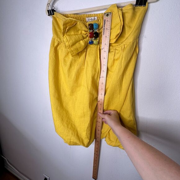 Yellow Linen Sleeveless Blouson Blouse Mini Dress Bead Bow Tie Front S - Picture 10 of 13